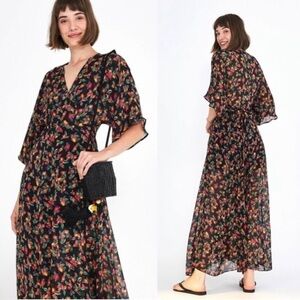 Farm Rio Anthropologie Black Multicolor Floral Cashew Print Wrap Maxi Dress XS